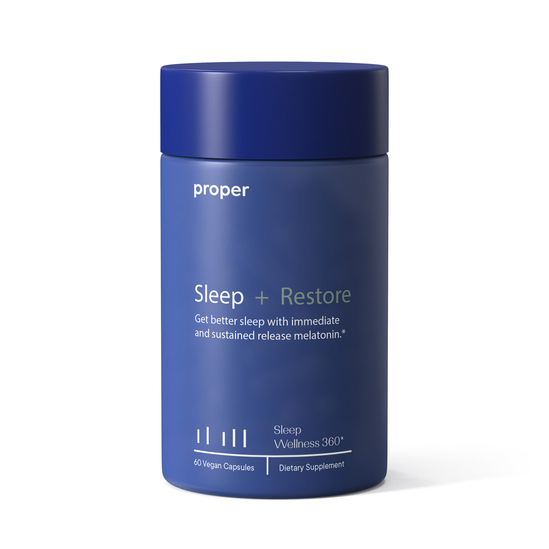 Photograph of the Proper Sleep + Restore bottle from front, highlighting that it contains both immediate and sustained release melatoning and contains 60 vegan capsules.